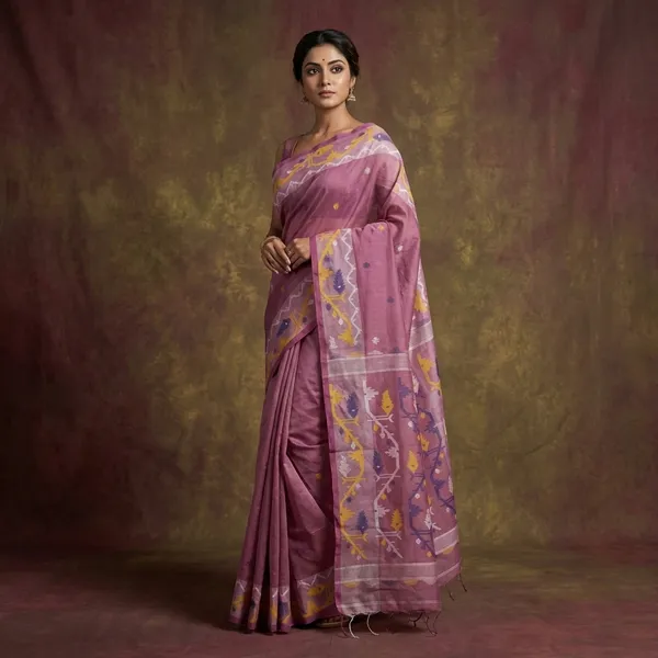 Hand_Karat_Needle_Woven_Work_Pure_Cotton_Bengal_Jamdani_Saree_Pearly_Purple_And_Multicolor