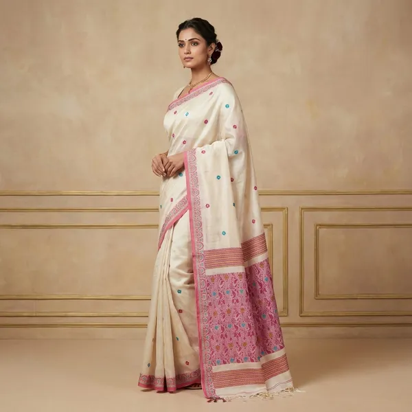 Premium_Quality_Tussar_Silk_Nakshi_Work_Saree_In_Off_White_Magenta_Teal_And_Green