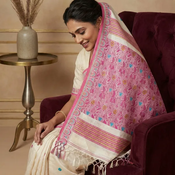 Premium_Quality_Tussar_Silk_Nakshi_Work_Saree_In_Off_White_Magenta_Teal_And_Green