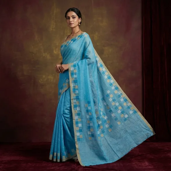 Hand_Woven_Pure_Cotton_Bengal_Jamdani_Saree_Sky_Blue_Beige_Off_White_And_Navy_Blue_Thread_Work