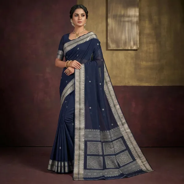 Medium_Size_Thread_Nakshi_Border_Premium_Quality_Bengal_Handloom_Cotton_Saree_In_Midnight_Blue_Beige_And_Water_Golden_Meenakari_Zari_Nakshi_Weave