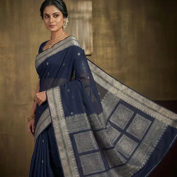 Medium_Size_Thread_Nakshi_Border_Premium_Quality_Bengal_Handloom_Cotton_Saree_In_Midnight_Blue_Beige_And_Water_Golden_Meenakari_Zari_Nakshi_Weave
