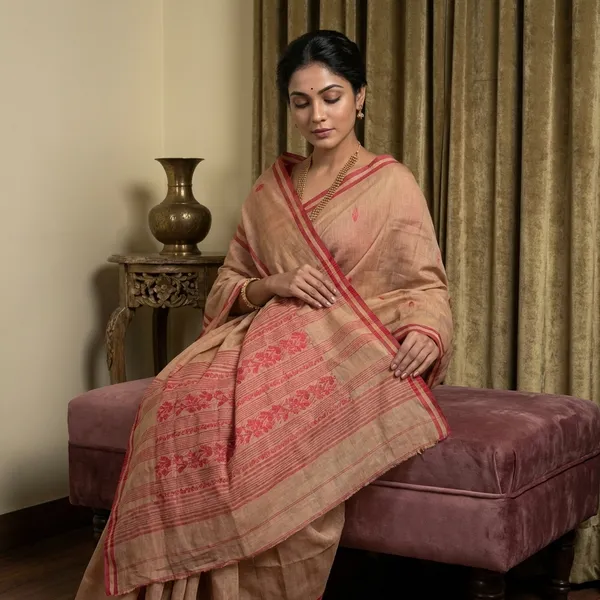 Woven_Matta_Nakshi_Border_Premium_Quality_Bengal_Handloom_Cotton_Saree_In_Beige_Khaki_And_Red