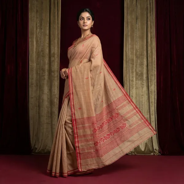 Woven_Matta_Nakshi_Border_Premium_Quality_Bengal_Handloom_Cotton_Saree_In_Beige_Khaki_And_Red