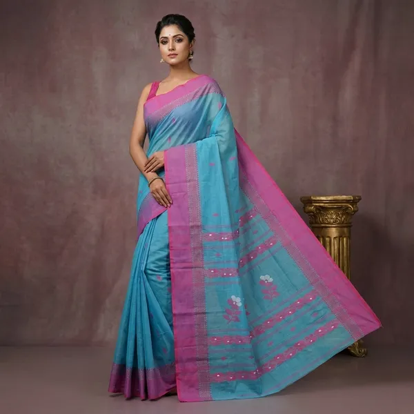 Woven_Matta_Nakshi_Border_Premium_Quality_Bengal_Handloom_Cotton_Saree_In_Electric_Blue_Hot_Pink_And_Off_White