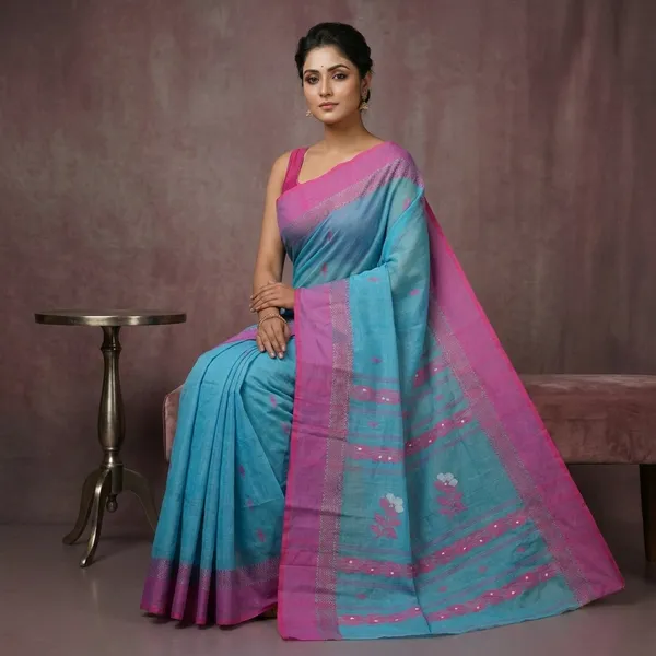 Woven_Matta_Nakshi_Border_Premium_Quality_Bengal_Handloom_Cotton_Saree_In_Electric_Blue_Hot_Pink_And_Off_White