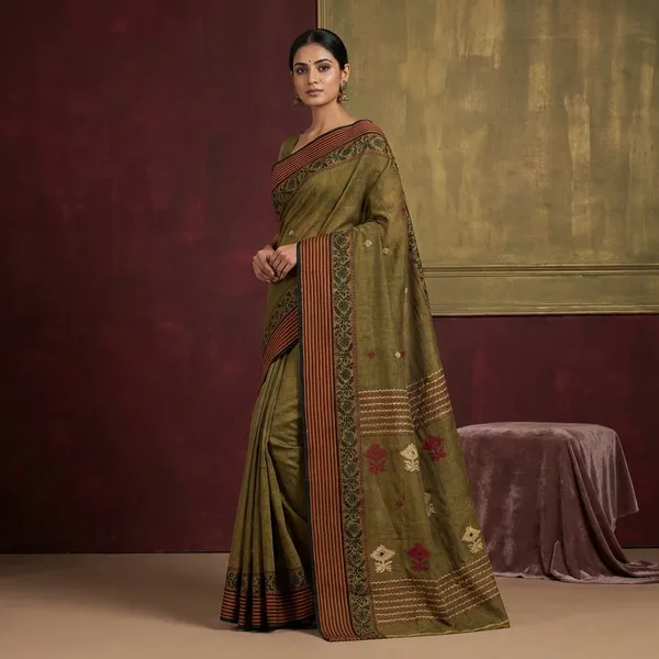 Woven_Matta_Churi_Stripe_Nakshi_Border_Premium_Quality_Bengal_Handloom_Cotton_Saree_In_Icky_Green_And_Multicolor