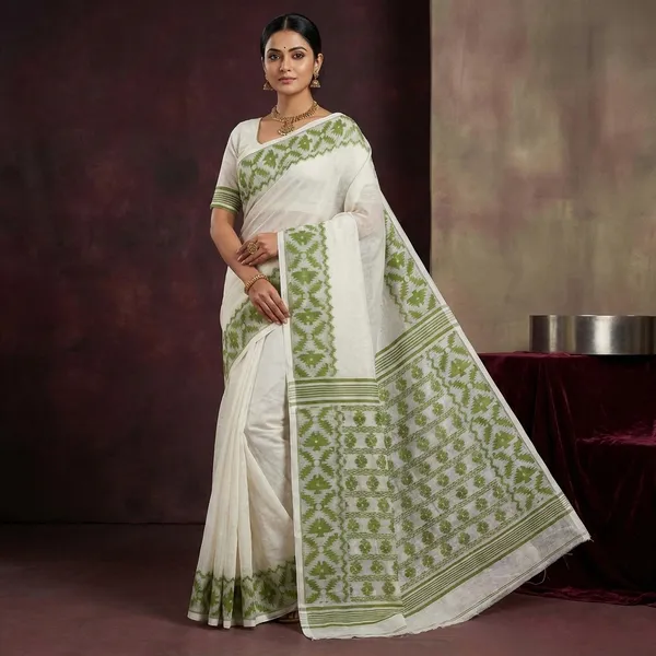 Designer_Body_Plain_With_Woven_Jamdani_Border_And_Pallu_Cotton_Muslin_Saree_In_Off_White_And_Pickle_Green