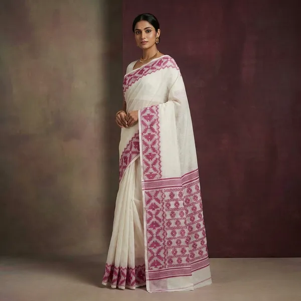 Designer_Body_Plain_With_Woven_Jamdani_Border_And_Pallu_Cotton_Muslin_Saree_In_Off_White_And_Magenta