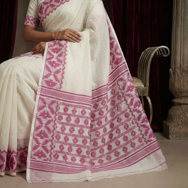 Designer_Body_Plain_With_Woven_Jamdani_Border_And_Pallu_Cotton_Muslin_Saree_In_Off_White_And_Magenta