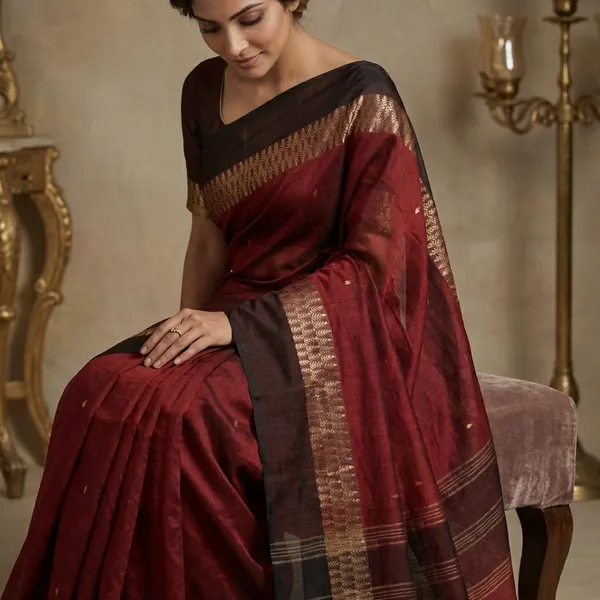 Bengal_Handloom_Cotton_Saree_In_Rust_Black_And_Beige