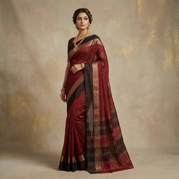 Bengal_Handloom_Cotton_Saree_In_Rust_Black_And_Beige