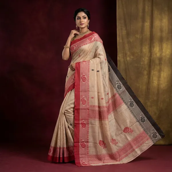 Hand_Woven_Bengal_Handloom_Cotton_Kalakshetra_Saree_In_Beige_Red_And_Black
