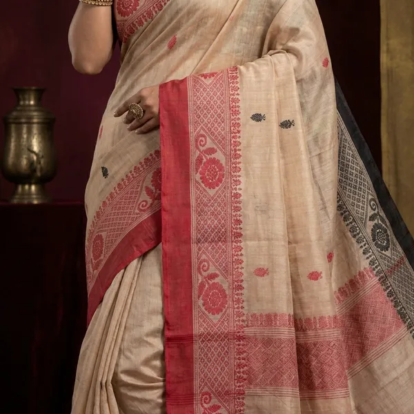 Hand_Woven_Bengal_Handloom_Cotton_Kalakshetra_Saree_In_Beige_Red_And_Black