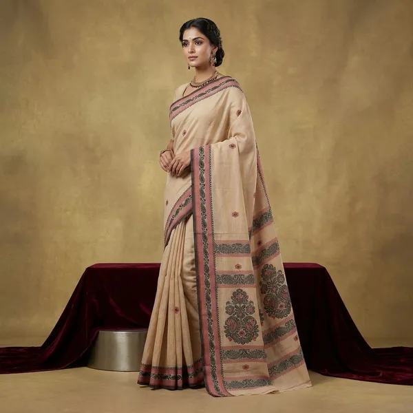 Medium_Size_Thread_Nakshi_Border_Premium_Quality_Bengal_Handloom_Cotton_Saree_In_Beige_Red_And_Off_Black_Meenakari_Thread_Nakshi_Weave