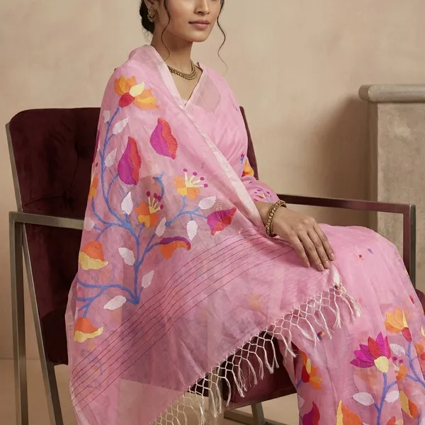 Premium_Quality_Hand_Woven_Floral_Tulip_And_Lotus_Nakshi_Work_Muslin_Silk_Dhakai_Jamdani_Saree_In_Lavender_Rose_Pink_Off_White_And_Multicolor_Meenakari_Thread_Work