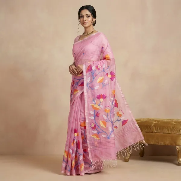 Premium_Quality_Hand_Woven_Floral_Tulip_And_Lotus_Nakshi_Work_Muslin_Silk_Dhakai_Jamdani_Saree_In_Lavender_Rose_Pink_Off_White_And_Multicolor_Meenakari_Thread_Work