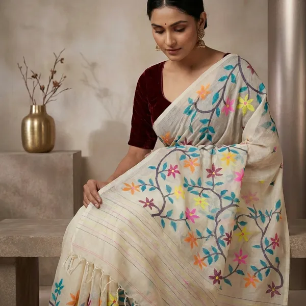 Premium_Quality_Hand_Woven_Floral_Jasmine_And_Leaf_Nakshi_Work_Muslin_Silk_Dhakai_Jamdani_Saree_In_Off_White_Teal_Blue_And_Multicolor