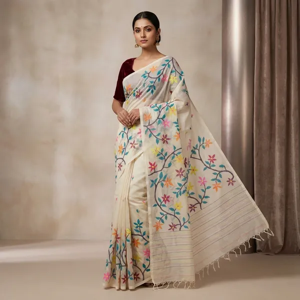 Premium_Quality_Hand_Woven_Floral_Jasmine_And_Leaf_Nakshi_Work_Muslin_Silk_Dhakai_Jamdani_Saree_In_Off_White_Teal_Blue_And_Multicolor
