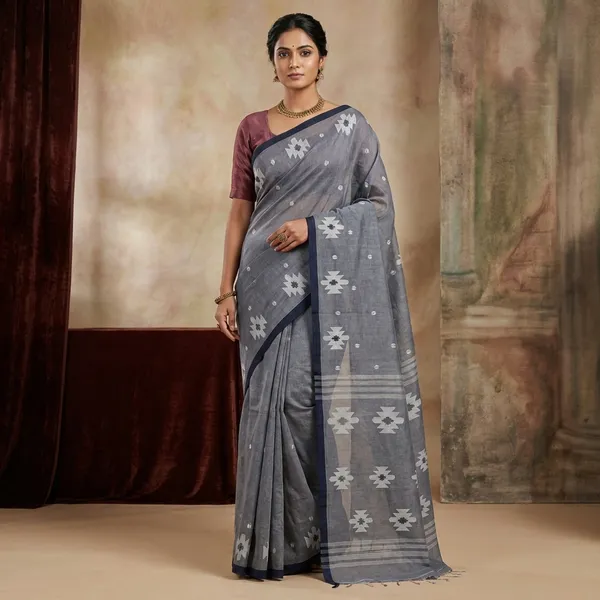 Designer_Poth_Cotton_Jamdani_Saree_In_Steel_Grey_Off_White_And_Black