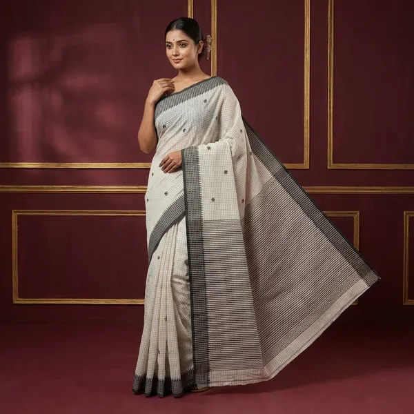 Medium_Size_Thread_Nakshi_Border_Premium_Quality_Bengal_Handloom_Self_Micro_Check_Cotton_Saree_In_Off_White_And_Black