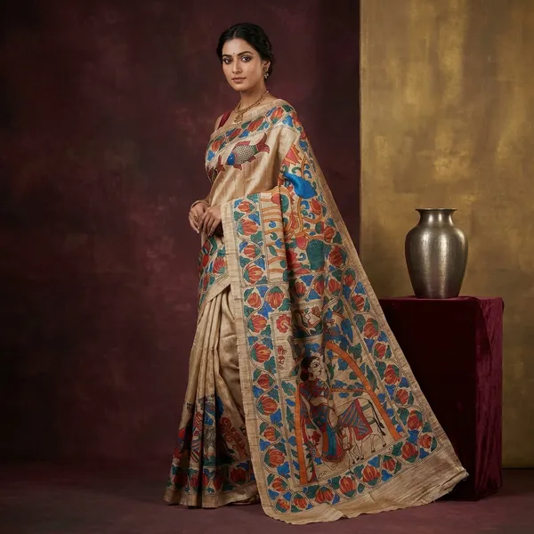 Premium_Quality_Half_And_Half_Painted_Madhubani_On_Natural_Ghicha_Tussar_Silk_Saree_In_Natural_Beige_And_Multicolor