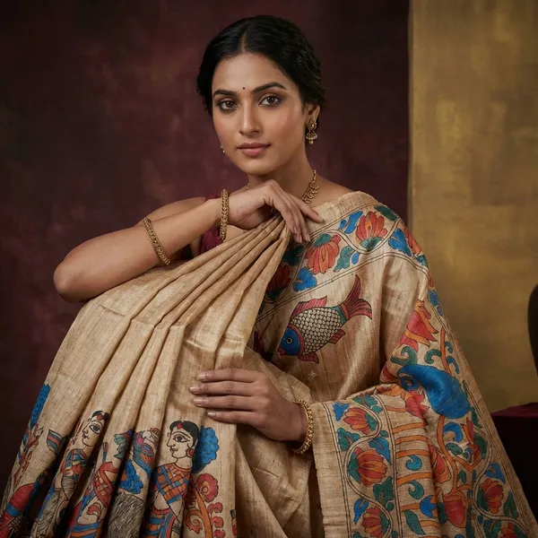 Premium_Quality_Half_And_Half_Painted_Madhubani_On_Natural_Ghicha_Tussar_Silk_Saree_In_Natural_Beige_And_Multicolor