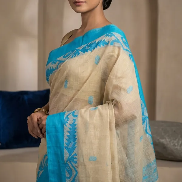 Woven_Matta_Karat_Jamdani_Border_Premium_Quality_Bengal_Handloom_Cotton_Saree_In_Ballet_White_And_Azure_Blue