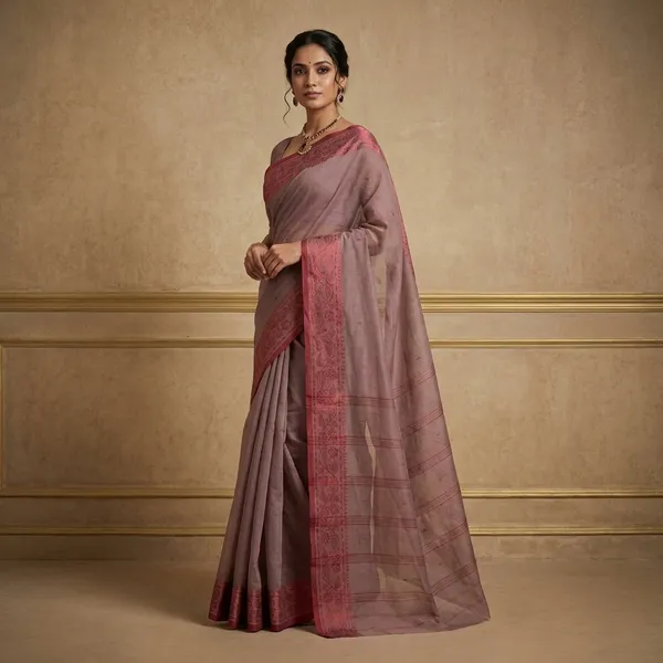 Thread_Nakshi_Jacket_Border_Bengal_Handloom_Cotton_Saree_In_Mauve_Taupe_And_Red_Berry