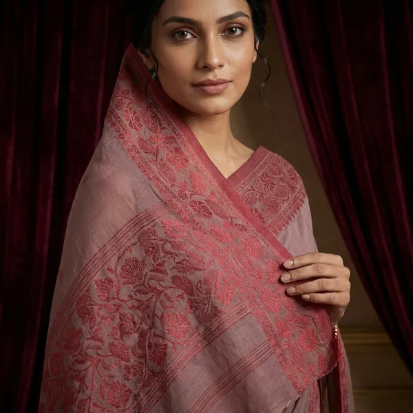 Thread_Nakshi_Jacket_Border_Bengal_Handloom_Cotton_Saree_In_Mauve_Taupe_And_Red_Berry