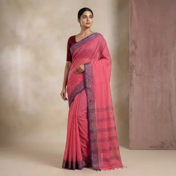 Thread_Nakshi_Jacket_Border_Bengal_Handloom_Cotton_Saree_In_French_Rose_And_Black_Currant
