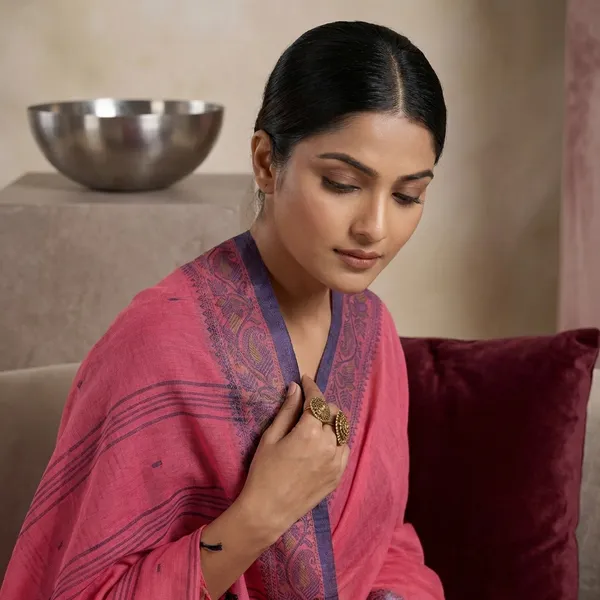 Thread_Nakshi_Jacket_Border_Bengal_Handloom_Cotton_Saree_In_French_Rose_And_Black_Currant