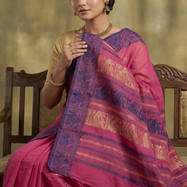 Bengal_Handloom_Cotton_Baluchari_Saree_In_Hot_Pink_Sapphire_Blue_And_Beige