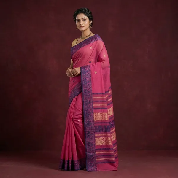 Bengal_Handloom_Cotton_Baluchari_Saree_In_Hot_Pink_Sapphire_Blue_And_Beige