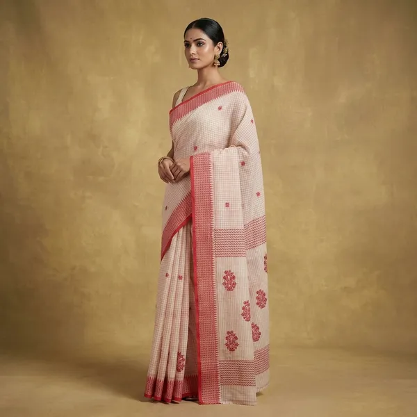 Medium_Size_Thread_Nakshi_Border_Premium_Quality_Bengal_Handloom_Self_Micro_Check_Cotton_Saree_In_Off_White_And_Red