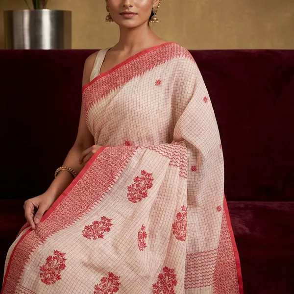 Medium_Size_Thread_Nakshi_Border_Premium_Quality_Bengal_Handloom_Self_Micro_Check_Cotton_Saree_In_Off_White_And_Red