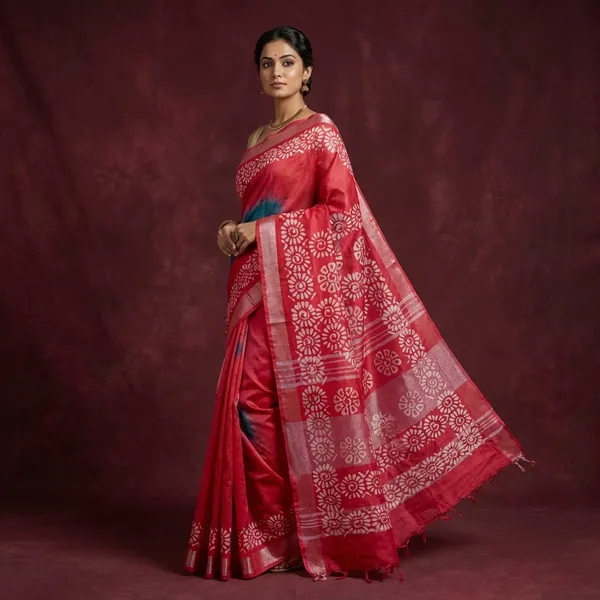 Soft_Cotton_Batik_Linen_Jamdani_Saree_In_Dark_Teal_Green_Red_And_Beige