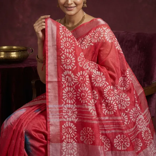 Soft_Cotton_Batik_Linen_Jamdani_Saree_In_Dark_Teal_Green_Red_And_Beige