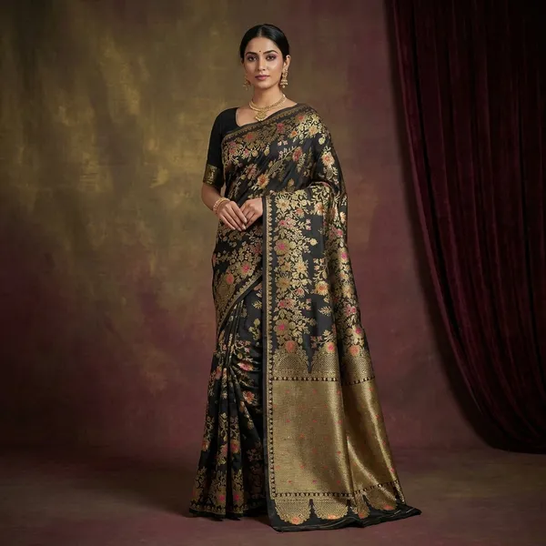 Semi_Moonga_Banarasi_Silk_Saree_In_Soot_Black_Tan_Gold_And_Multicolor