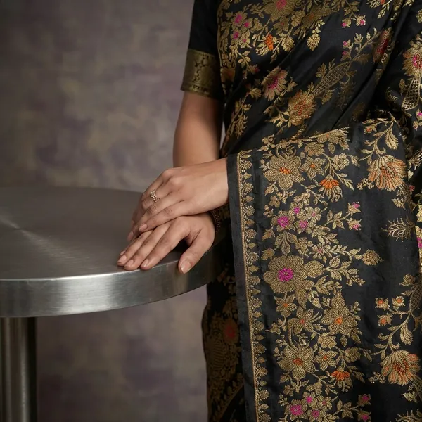 Semi_Moonga_Banarasi_Silk_Saree_In_Soot_Black_Tan_Gold_And_Multicolor