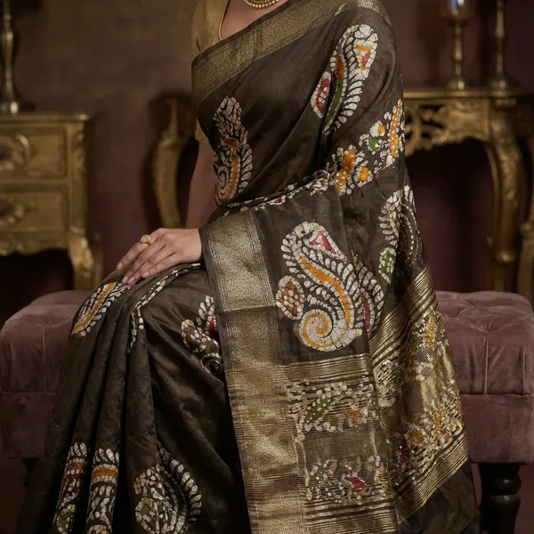 Printed_Batik_Soft_Chanderi_Silk_Saree_In_Wood_Bark_Brown_Beige_And_Multicolor