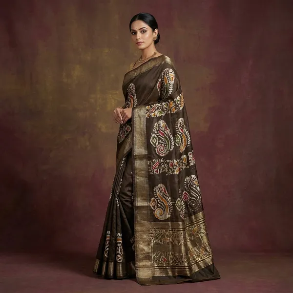 Printed_Batik_Soft_Chanderi_Silk_Saree_In_Wood_Bark_Brown_Beige_And_Multicolor