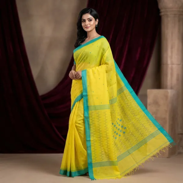 Hand_Woven_Satin_Silk_Slim_Border_Solapuri_Soft_Muslin_Silk_Jamdani_Saree_In_Golden_Yellow_And_Seagreen