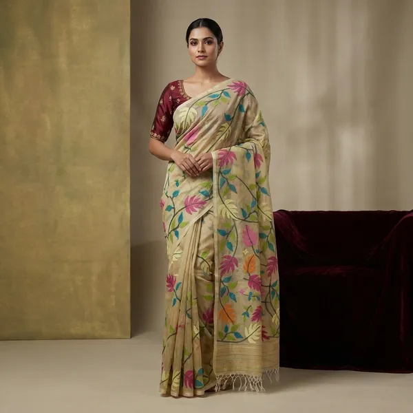 Premium_Quality_Jangla_Jaal_Work_Muslin_Silk_Dhakai_Jamdani_Saree_In_Tahuna_Sands_Black_And_Multicolor_Thread_Work