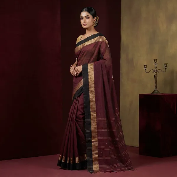 Bengal_Handloom_Cotton_Saree_In_Deep_Maroon_Matt_Gold_And_Black