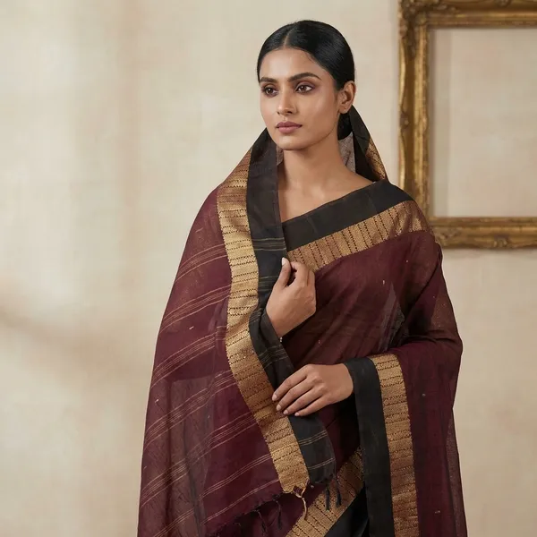 Bengal_Handloom_Cotton_Saree_In_Deep_Maroon_Matt_Gold_And_Black