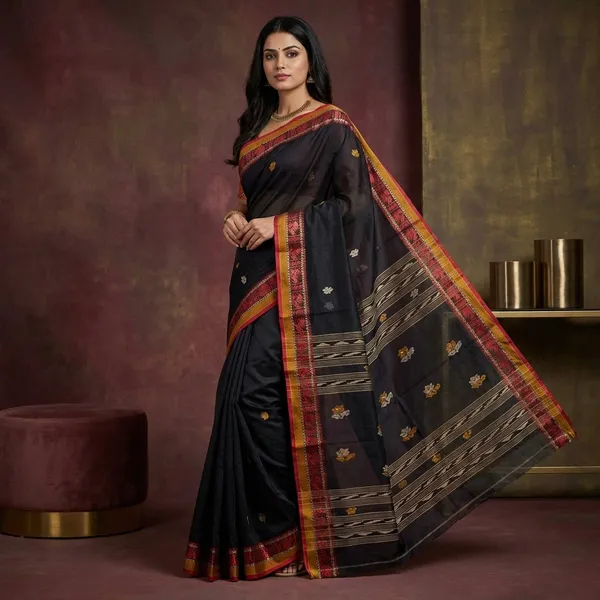 Medium_Size_Thread_Nakshi_Border_Premium_Quality_Bengal_Handloom_Cotton_Saree_In_Black_Red_Mustard_And_Beige