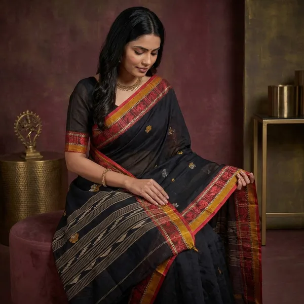 Medium_Size_Thread_Nakshi_Border_Premium_Quality_Bengal_Handloom_Cotton_Saree_In_Black_Red_Mustard_And_Beige