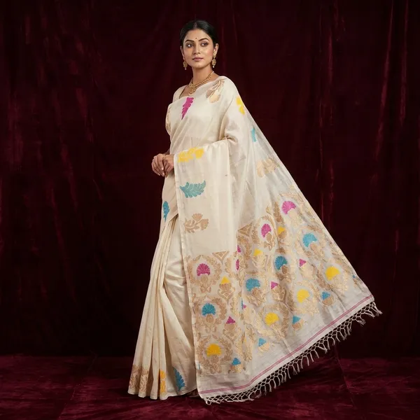 Premium_Quality_Tussar_Valkalam_Silk_With_Meenakari_Rich_Pallu_In_Off_White_Multicolor_And_Natural_Golden