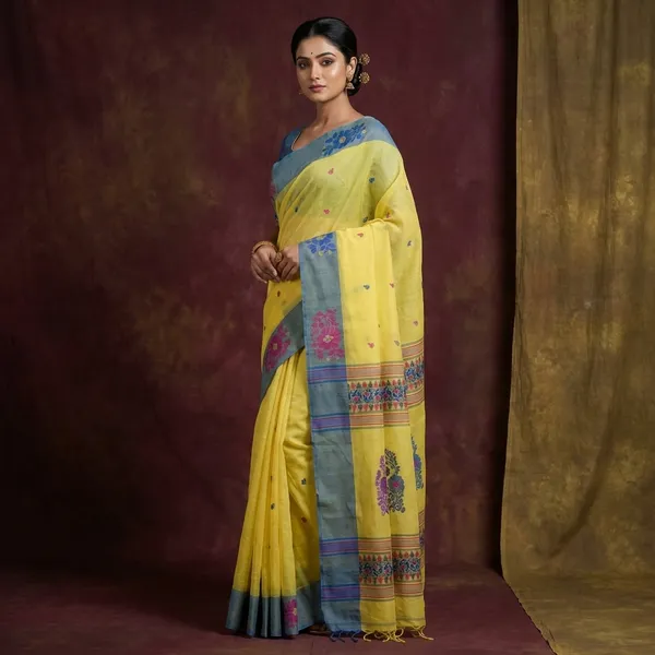 Woven_Jamdani_Nakshi_Work_Border_Premium_Quality_Bengal_Handloom_Cotton_Saree_In_Yellow_Blue_Magenta_And_Multicolor